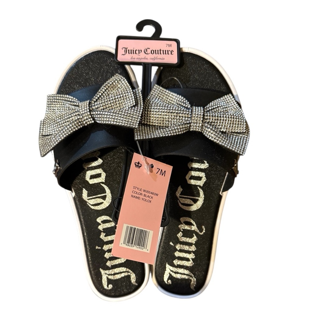 JUICY COUTURE NWT Black Yolox Slides with Sparkling Rhinestone Bow W7